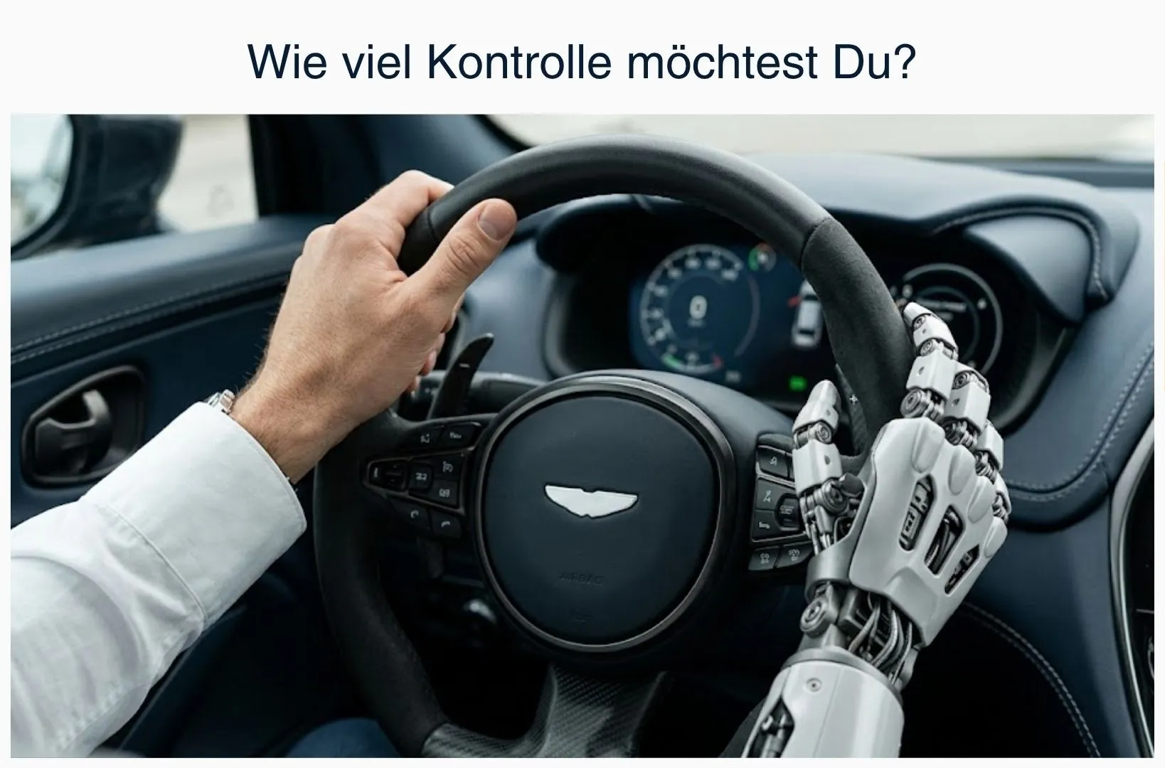 Menschliche Hand und Roboterhand greifen gemeinsam ein Lenkrad – Symbol für die Entscheidung zwischen Kontrolle abgeben und Steuerung im eigenen Unternehmen behalten